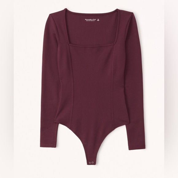 Abercrombie & Fitch Long-Sleeve Ponte Squareneck Seamed Bodysuit Burgundy W Lg - Picture 3 of 11